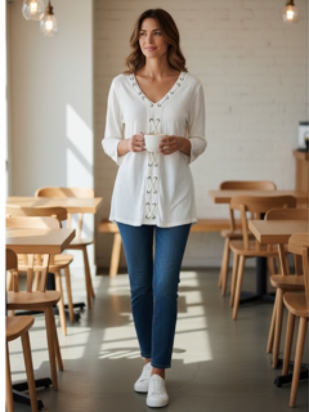 JM Collection Metal Grommets Lace-Up Detail V-Neck 3/4 Sleeve Tunic Top Size L